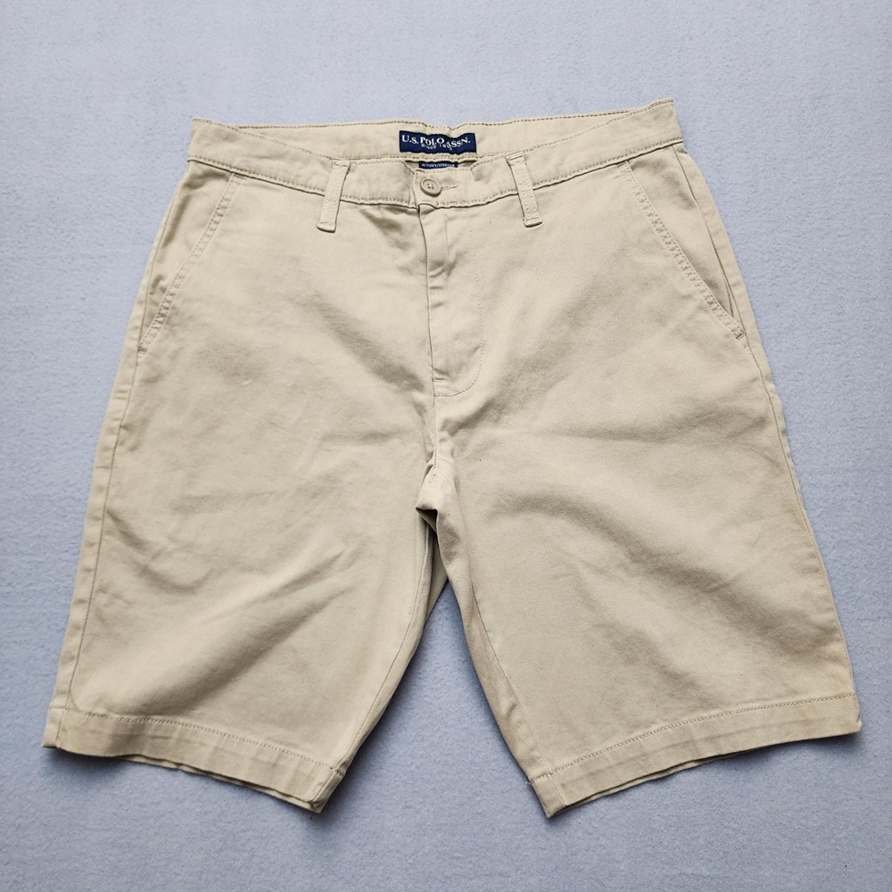 U.S. Polo Assn Mens Chino Shorts 32 Khaki Tan Stretch Flat Front Casual